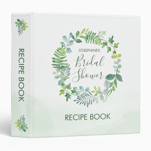 Watercolor Greenery Wreath Bridal Shower Recipe Binder (Front/Spine)