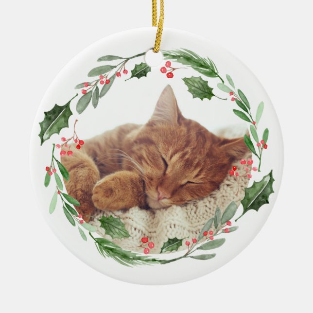 Watercolor Greenery Wreath Christmas Pet Photo Ceramic Ornament (Front)