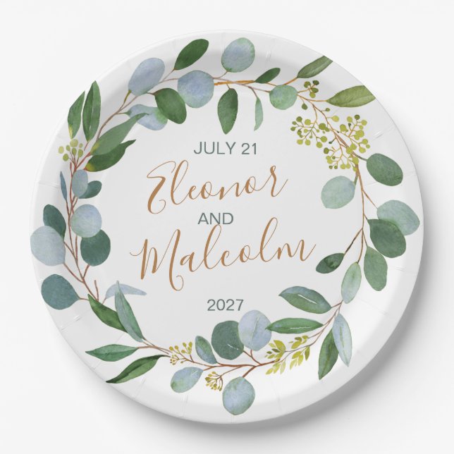 Watercolor greenery wreath, eucalyptus Wedding Paper Plate (Front)