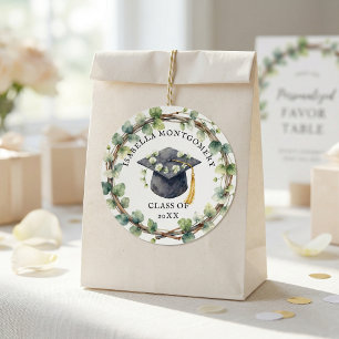 Watercolor Greenery Wreath Floral Graduation Cap Classic Round Sticker