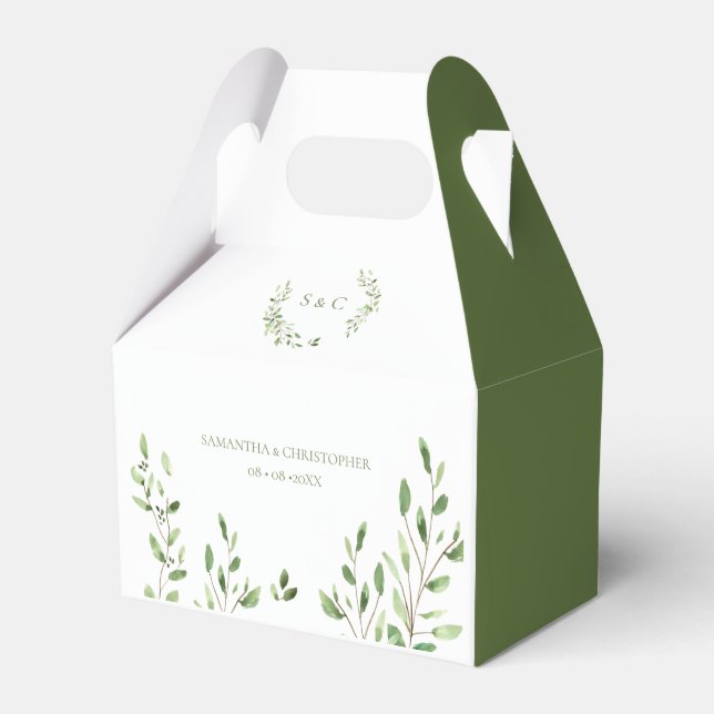 Watercolor Greenery Wreath monogram wedding Favor Box (Front Side)