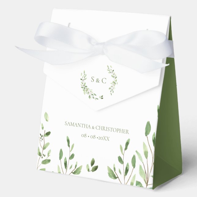 Watercolor Greenery Wreath monogram wedding green Favor Box (Front)