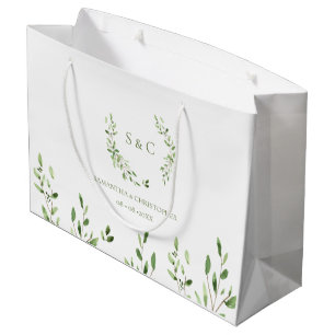 Watercolor Greenery Wreath monogram wedding Large Gift Bag