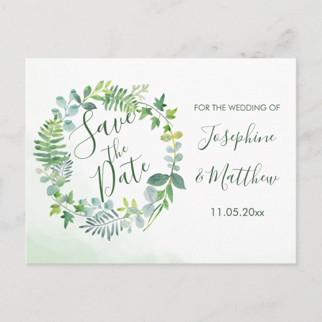 Watercolor Greenery Wreath Save the Date Announcement Postcard (Front)