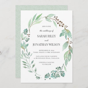 Watercolor Greenery wreath Wedding invitation