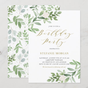 Watercolor Greeney and White Flower Birthday Party Invitation