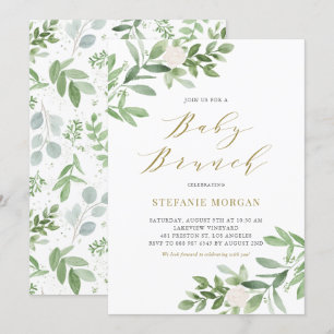 Watercolor Greeney and White Flowers Baby Brunch Invitation