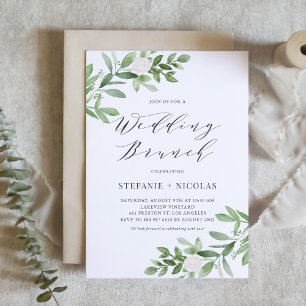 Watercolor Greeney and White Flowers Weddng Brunch Invitation