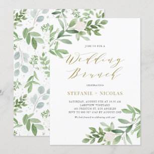 Watercolor Greeney and White Flowers Weddng Brunch Invitation