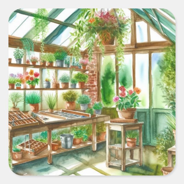 Watercolor Greenhouse Square Sticker (Front)
