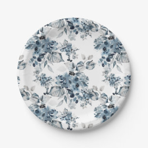 Watercolor Grey and Blue Floral Pattern Holiday Paper Plate