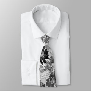 Watercolor Grey, Black  floral pattern. neck tie