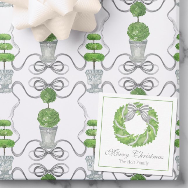 Watercolor Grey Bow Wreath and Green Topiary Card (Creator Uploaded)
