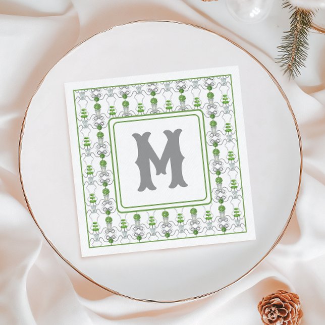 Watercolor Grey Bows and Green Topiary Monogram Napkin (Creator Uploaded)