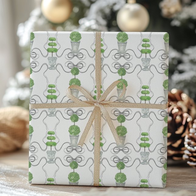 Watercolor Grey Bows and Green Topiary Wrapping Paper (Creator Uploaded)
