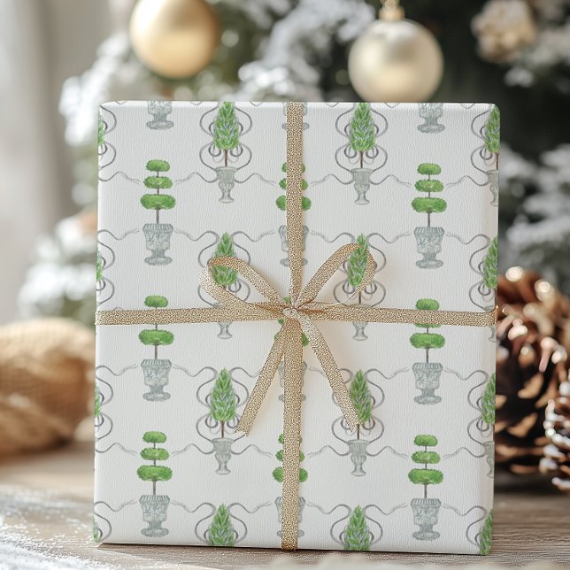Watercolor Grey Bows and Green Topiary Wrapping Paper (Creator Uploaded)