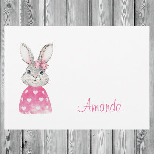 Watercolor Grey Bunny Pink Bow Personalized Preppy Card