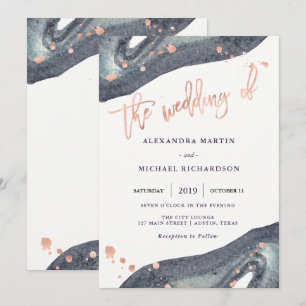Watercolor Grey Geode and Faux Rose Gold   Wedding Invitation