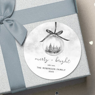 Watercolor Grey Ornament Christmas Merry Bright Classic Round Sticker