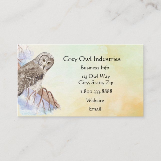 Watercolor Grey Owl Industries Bird  Business Card (Front)