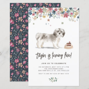 Watercolor Grey Shih Tzu Dog Birthday Invitation