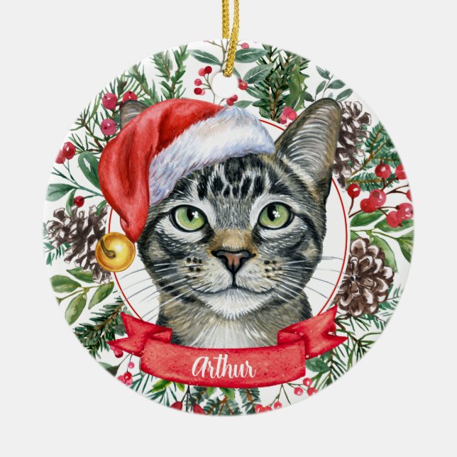 Watercolor Grey Tabby Cat Custom Santa Ornament (Front)