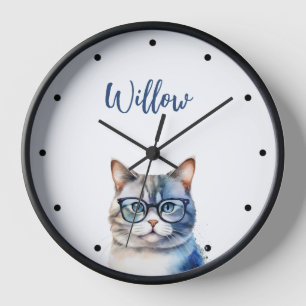 Watercolor Grey Tabby Cat Personalized Clock