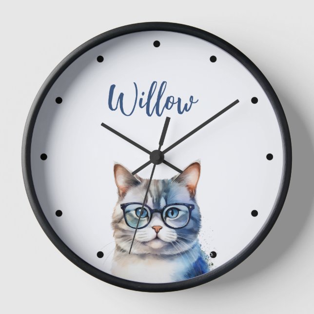 Watercolor Grey Tabby Cat Personalized Clock (Front)