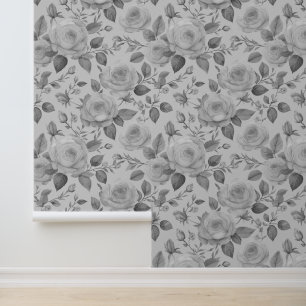 Watercolor Grey Victorian Floral Roses Wallpaper