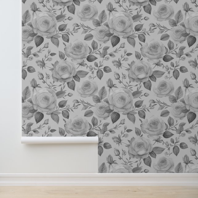 Watercolor Grey Victorian Floral Roses Wallpaper (Application)