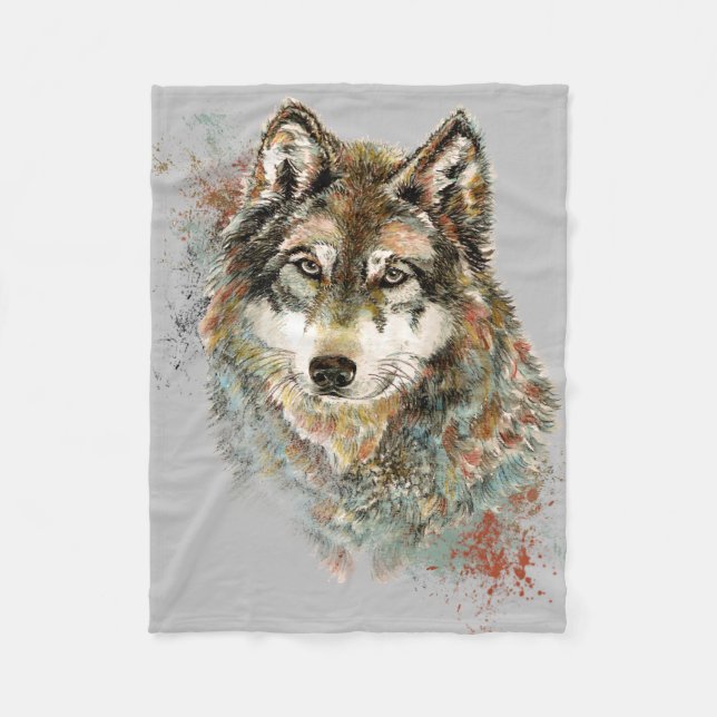 Watercolor Grey Wolf Animal Wildlife Nature  Art  Fleece Blanket (Front)