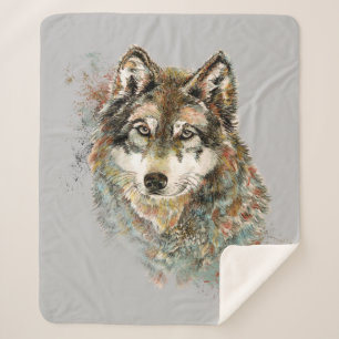 Watercolor Grey Wolf Animal Wildlife Nature Art Sherpa Blanket