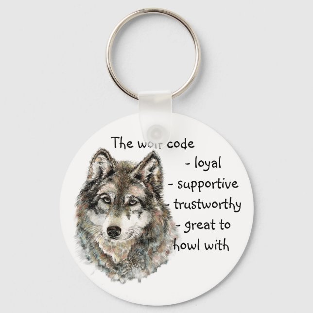 Watercolor Grey Wolf Code Quote, Wolves Animal Keychain (Front)