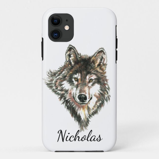 Watercolor Grey Wolf Custom Name Case-Mate iPhone Case (Back)