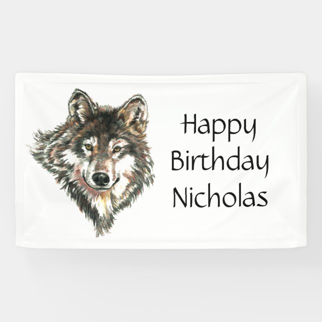 Watercolor Grey Wolf Logo Custom Name wolves Banner (Horizontal)