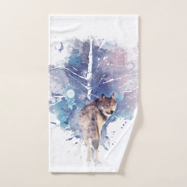 Watercolor Grey Wolf Wildlife Animal Nature Art Hand Towel (Hand Towel)