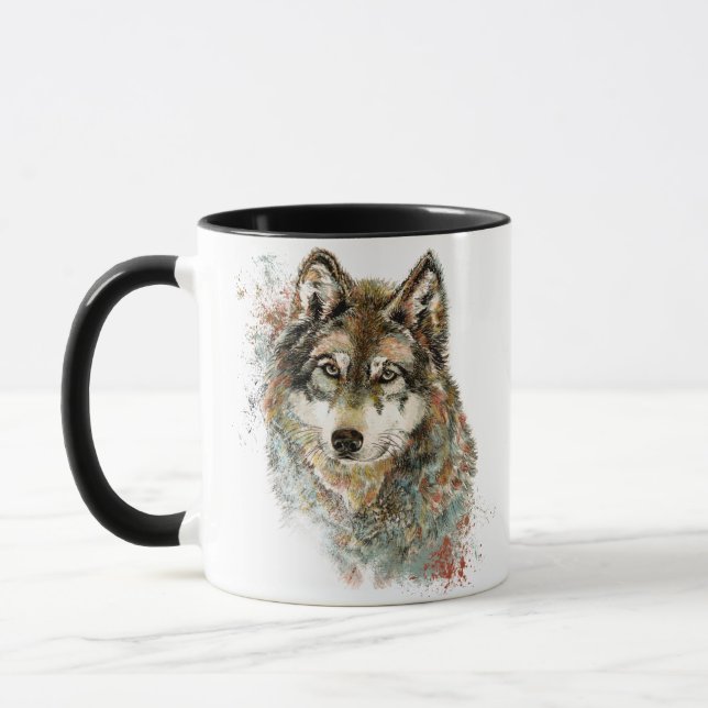 Watercolor Grey Wolf Wildlife Animal Nature Art Mug (Left)