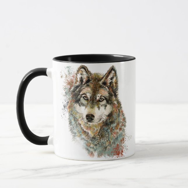 Watercolor Grey Wolf Wildlife Animal Nature Art Mug (Left)