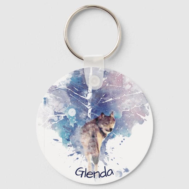 Watercolor Grey Wolf Wildlife Animal Nature Custom Keychain (Front)