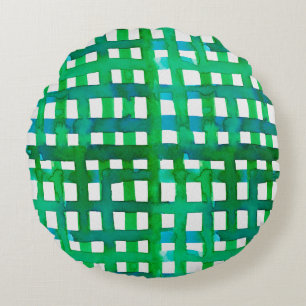 Watercolor grid – green round pillow