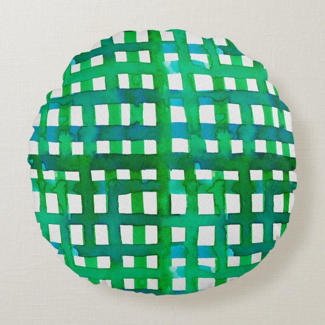 Watercolor grid – green round pillow (Front)
