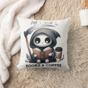 Watercolor Grim Reaper Book Lover  Throw Pillow