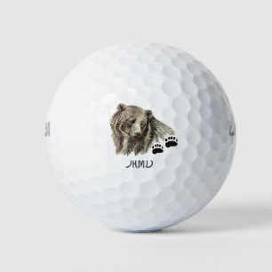 Watercolor Grizzly Bear Animal Monogram Art Golf Balls