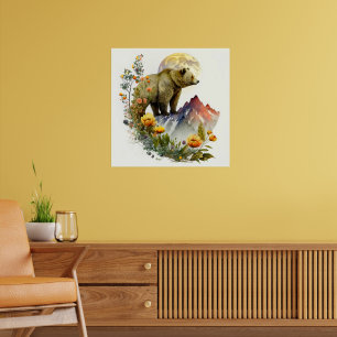 Watercolor Grizzly Bear Mountains Flowers Moon Poster