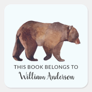 Watercolor Grizzly Bear Personalized  Boys Square Sticker