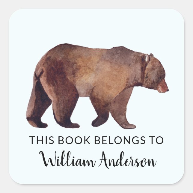 Watercolor Grizzly Bear Personalized  Boys Square Sticker (Front)