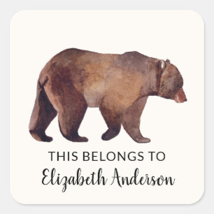 Watercolor Grizzly Bear Personalized Square Sticker