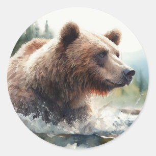 Watercolor Grizzly Bear Wildlife Nature Art Classic Round Sticker