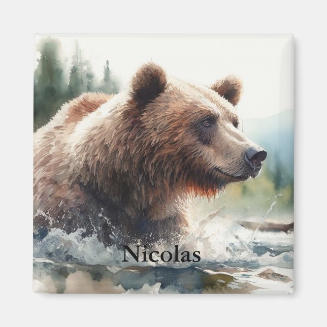 Watercolor Grizzly Bear Wildlife Nature Art Magnet (Front)