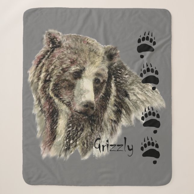 Watercolor Grizzly Bear Wildlife Nature Art Sherpa Blanket (Front)